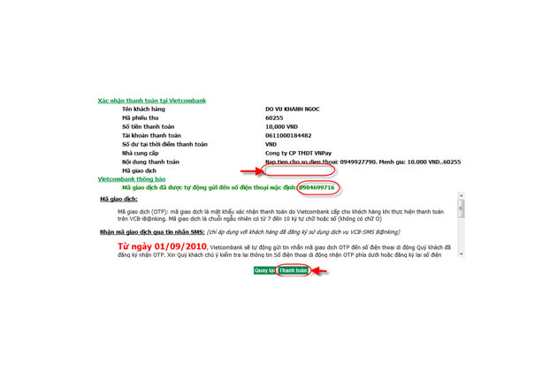 thanh toán qua ngân hàng vietcombank