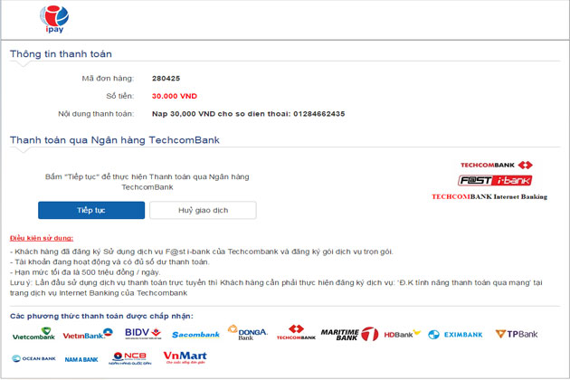 thanh toán qua ngân hàng techcombank